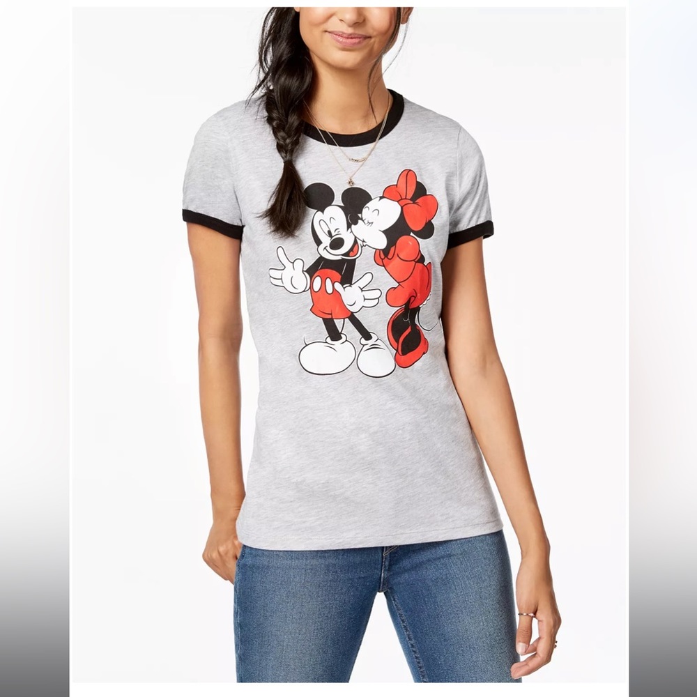 Disney NWT Mickey & Minnie Jrs.Ringer Style T-Shirt Size Various in Heather Gray
